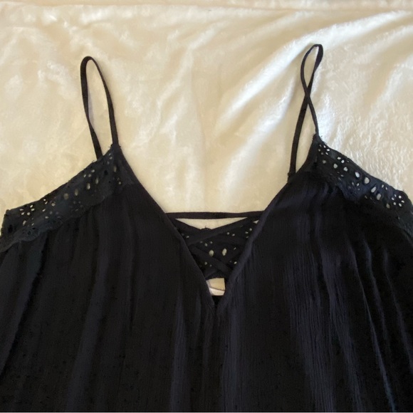 ROXY / Black Gauze Slip Dress Mini Size L Crochet Lace - Picture 8 of 15